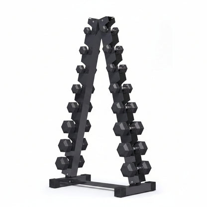 Black dumbbell rack with hexagonal dumbbells on a white background