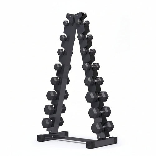 Black dumbbell rack with hexagonal dumbbells on a white background