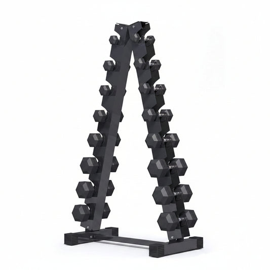 Black dumbbell rack with hexagonal dumbbells on a white background