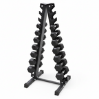 A black metal A-frame weight rack with multiple peg slots, shown on a plain white background.