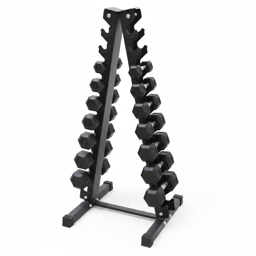 A black metal A-frame weight rack with multiple peg slots, shown on a plain white background.