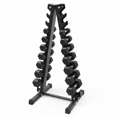 A black metal A-frame weight rack with multiple peg slots, shown on a plain white background.