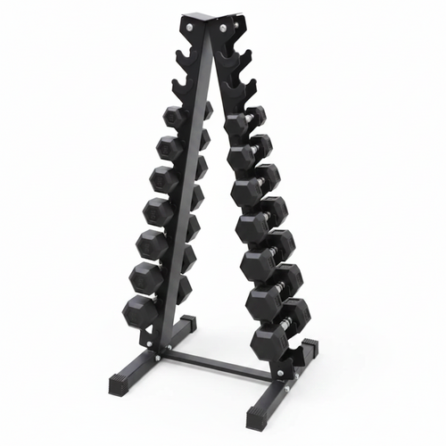 A black metal A-frame weight rack with multiple peg slots, shown on a plain white background.