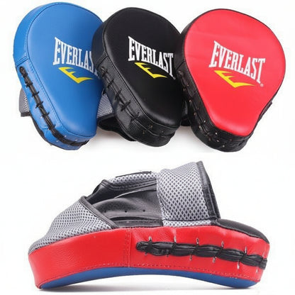 Three Everlast boxing pads in blue, black, and 