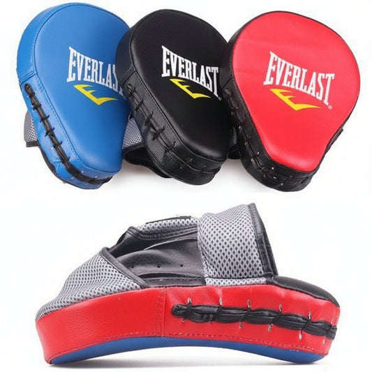 Three Everlast boxing pads in blue, black, and 