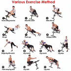 An instructional exercise chart titled 'Various Exercise Method' showing eleven numbered fitness exercises performed with a multi-functional weight bench and seat machine, including horse riding, slide crunches, sit-ups, push-ups, oblique crunches, single-leg crunches, leg crunches, and prostrate stomach crunches.