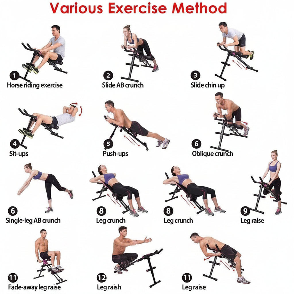 An instructional exercise chart titled 'Various Exercise Method' showing eleven numbered fitness exercises performed with a multi-functional weight bench and seat machine, including horse riding, slide crunches, sit-ups, push-ups, oblique crunches, single-leg crunches, leg crunches, and prostrate stomach crunches.