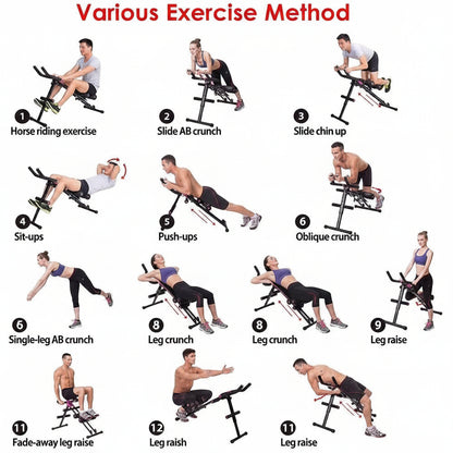 An instructional exercise chart titled 'Various Exercise Method' showing eleven numbered fitness exercises performed with a multi-functional weight bench and seat machine, including horse riding, slide crunches, sit-ups, push-ups, oblique crunches, single-leg crunches, leg crunches, and prostrate stomach crunches.