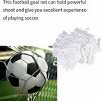 Soccer ball hitting a football goal net with text describing its features.