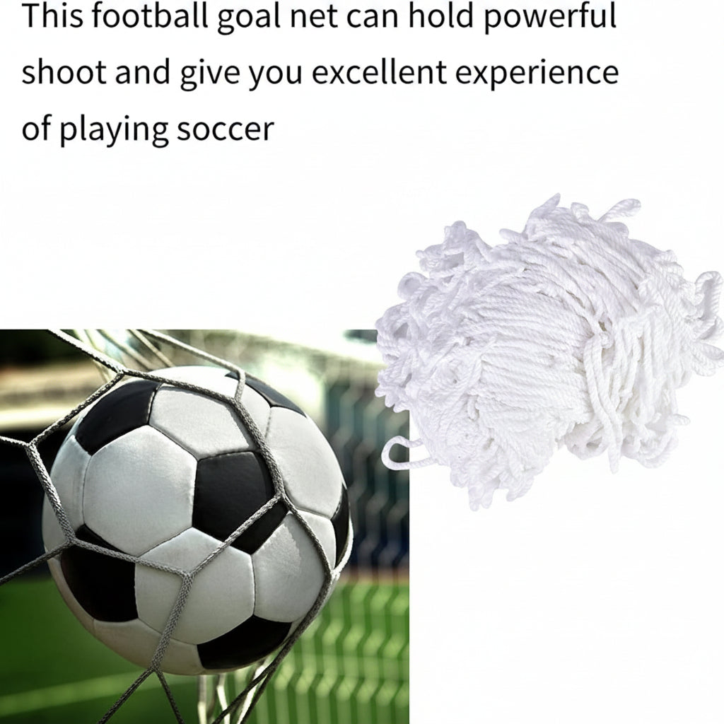 Soccer ball hitting a football goal net with text describing its features.