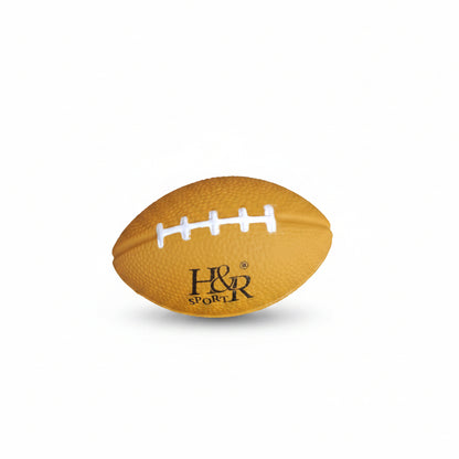 A small textured yellow football-shaped product with white laces