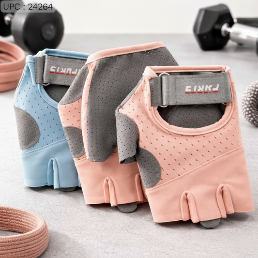 Three fingerless weightlifting gloves in light blue, pink, and gray are arranged on a gray surface with dumbbells and exercise accessories blurred in the background. The gloves have breathable perforated panels, padded grip areas,