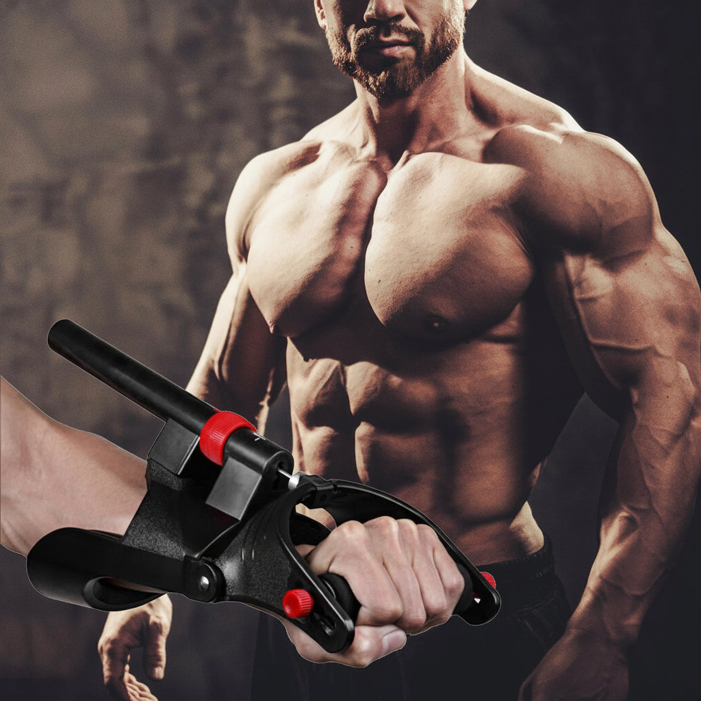 A close-up of a hand using a black hand grip strength training device with red adjustment knobs, shown in front of a muscular man's torso. White text in the upper left reads 'Hand grip strength training device'.