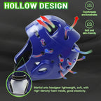 Blue martial arts headgear with ventilation holes and airflow arrows, featuring marketing text and icons about hollow design, comfort, breathability, and soft skin-friendly material.