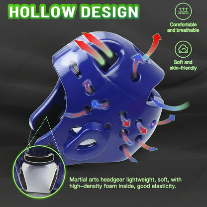 Blue martial arts headgear with ventilation holes and airflow arrows, featuring marketing text and icons about hollow design, comfort, breathability, and soft skin-friendly material.