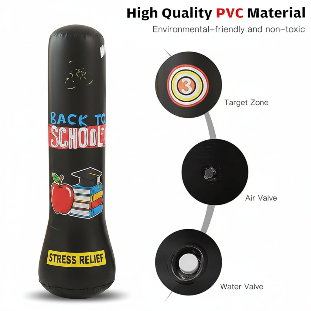 Black inflatable punching bag with  shown next to labeled callouts for target zone, air valve, and water valve, with text reading High Quality PVC Material on a white background.