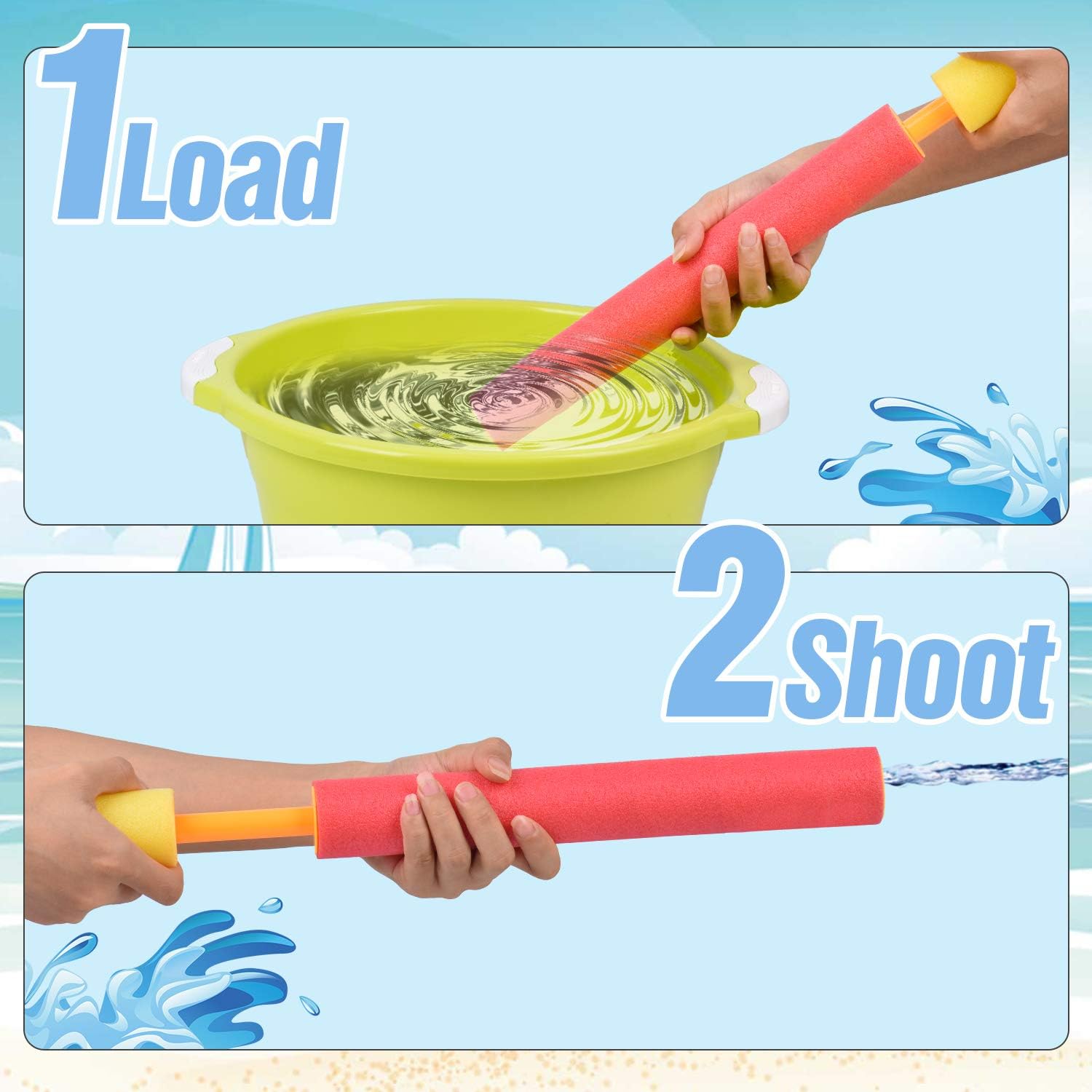 Instructions for using a water gun with text '1 Load' and '2 Shoot' on a blue