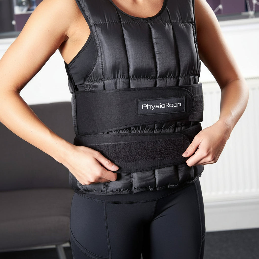 Person wearing a black weight vest with 'PhysioRoom' branding in an indoor setting.