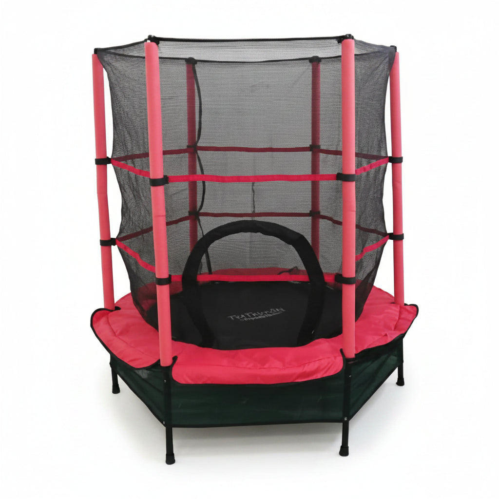 Pink and black trampoline with safety net on a white background