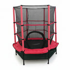 Pink and black trampoline with safety net on a white background