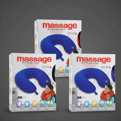 Three boxes of Massage Neck Massage Cushion with blue cushion on white background