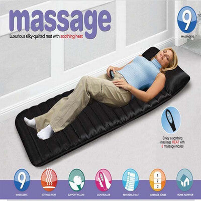 Woman lying on a massage mat with various features highlighted on a white background