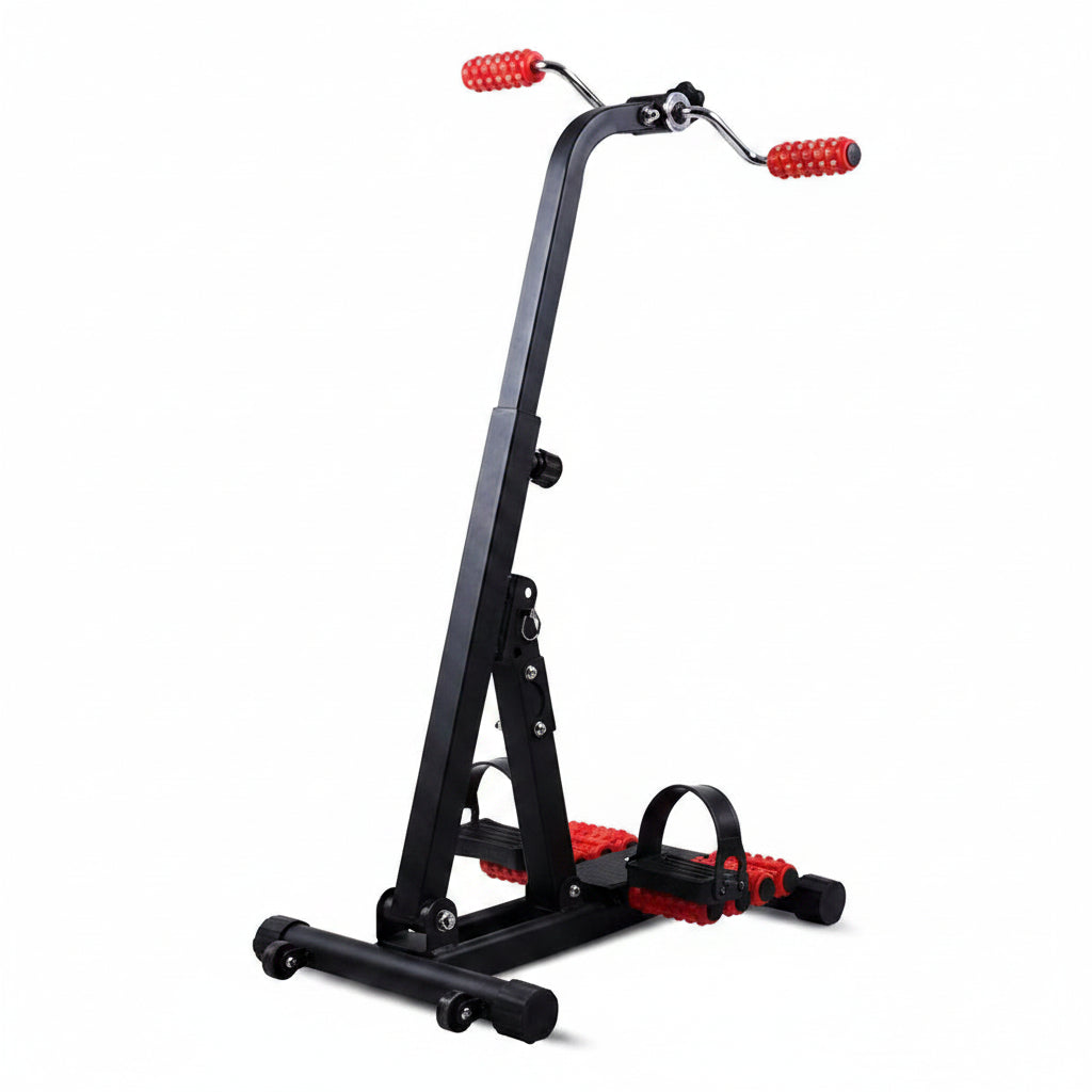 Black and red exercise bike stand on a white background