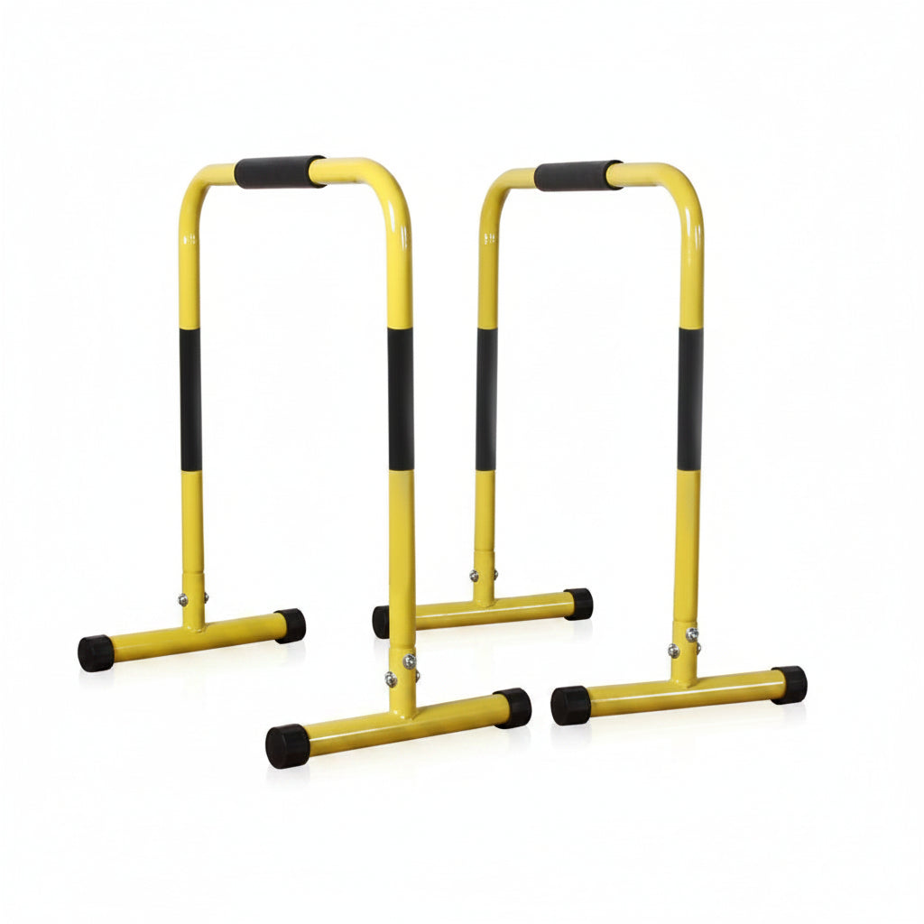 Yellow and black exercise bars on a white background