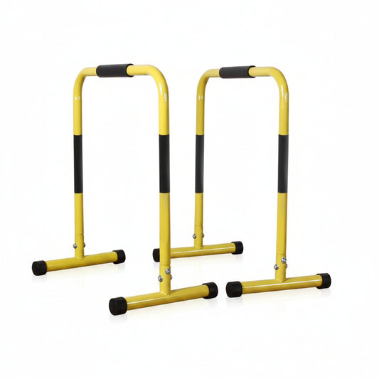 Yellow and black exercise bars on a white background