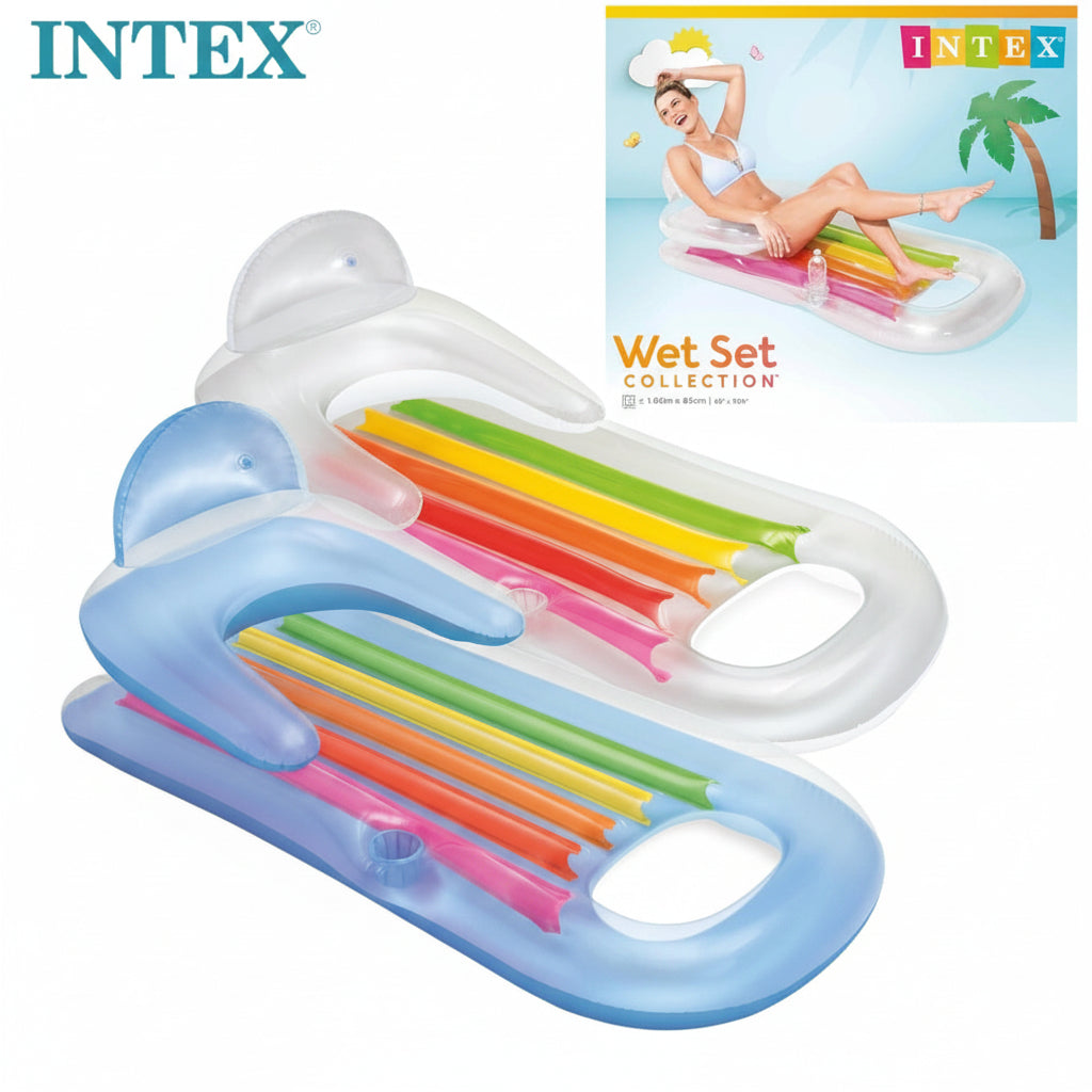 Intex inflatable pool float with colorful bars on a white background