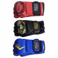 Three Everlast boxing gloves in red, black, and blue on a white background