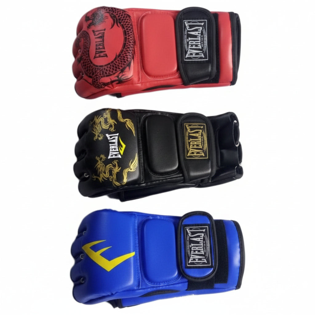 Three Everlast boxing gloves in red, black, and blue on a white background