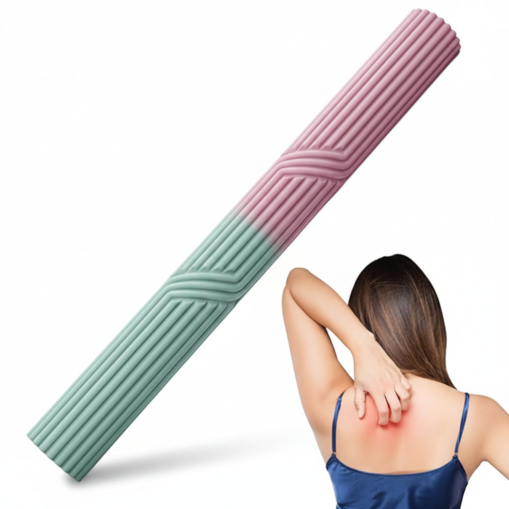 Multicolored foam roller with a person using it on a white background