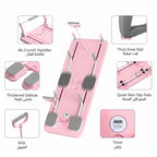 Pink exercise mat with various components labeled on a white background