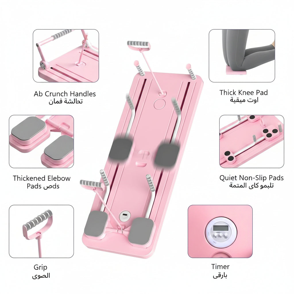 Pink exercise mat with various components labeled on a white background