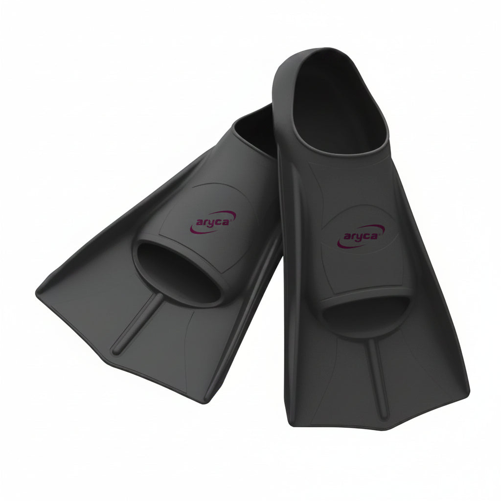 Pair of black diving fins with 'aryca' branding on a white background