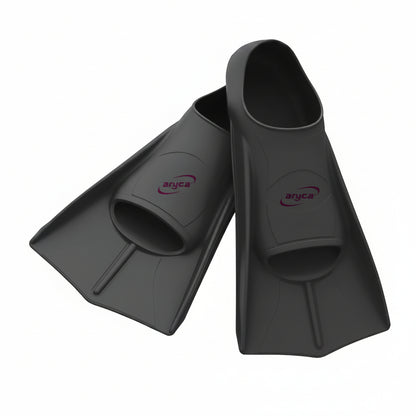 Pair of black diving fins with 'aryca' branding on a white background