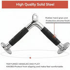 Hand grip with rubber hand grips and protective chrome finish, labeled 'High Quality Solid Steel'.