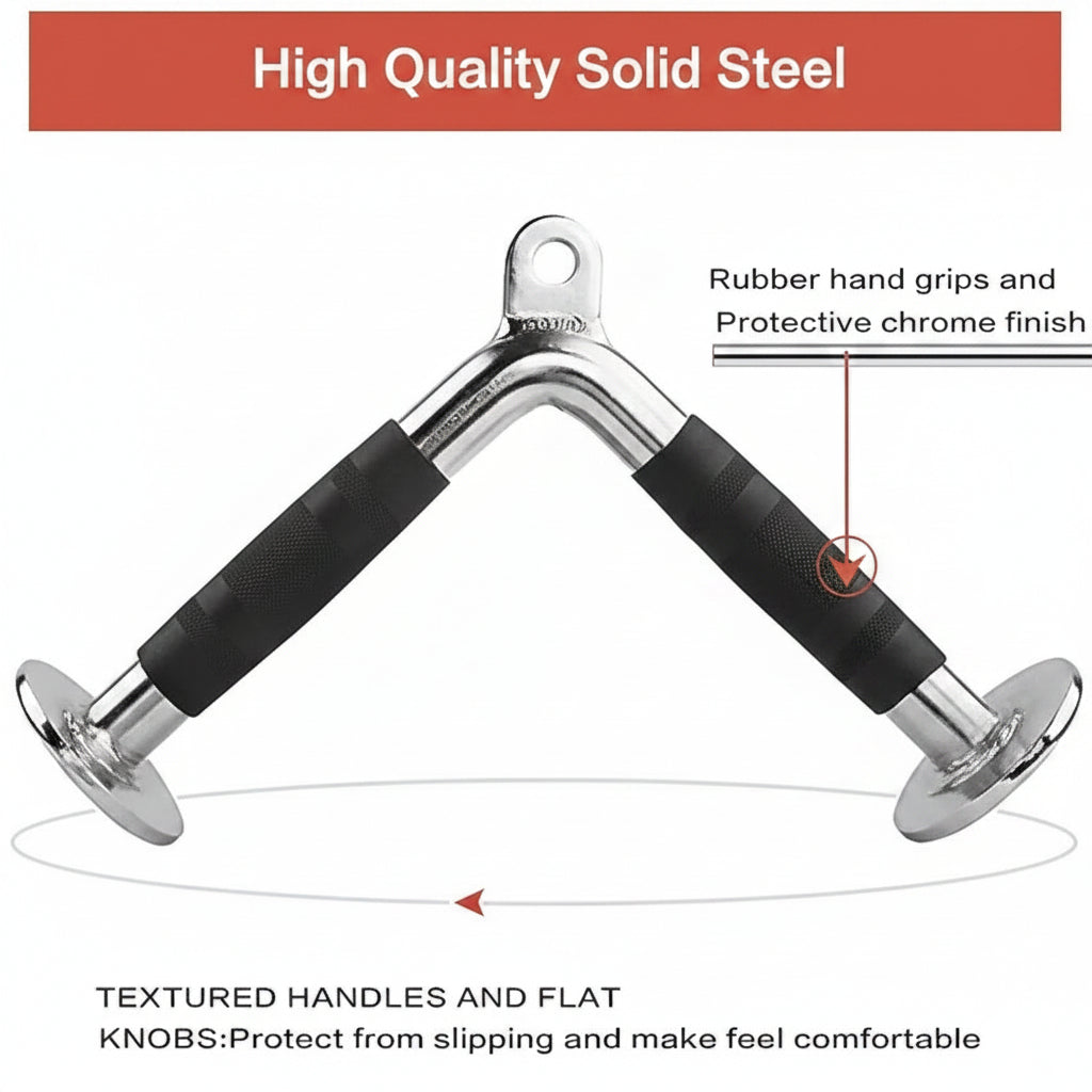 Hand grip with rubber hand grips and protective chrome finish, labeled 'High Quality Solid Steel'.