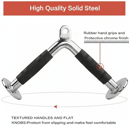 Hand grip with rubber hand grips and protective chrome finish, labeled 'High Quality Solid Steel'.