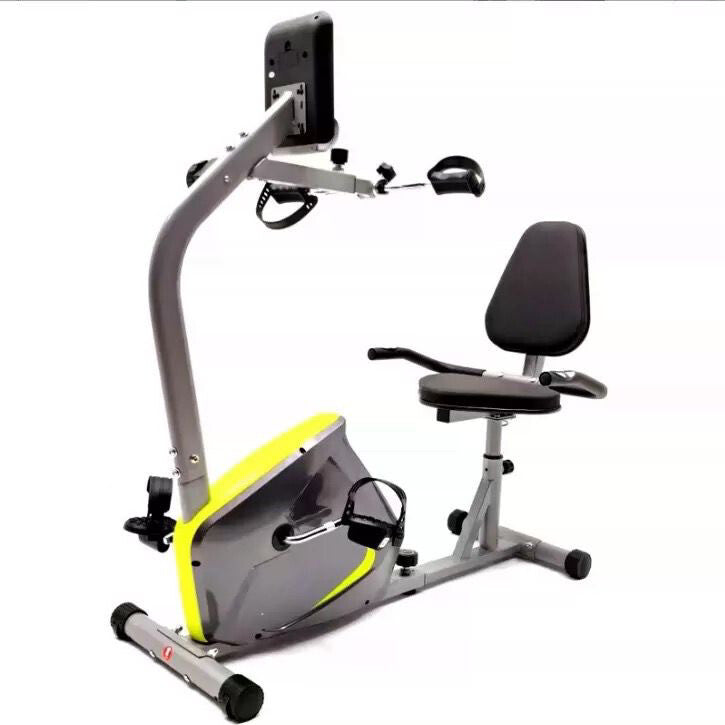 Recumbent exercise bike with a yellow accent on a white background