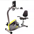 Recumbent exercise bike with a yellow accent on a white background