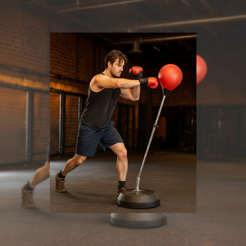  training with a punching bag in a gym setting