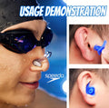 Usage demonstration of swim goggles and earplugs with Speedo branding.