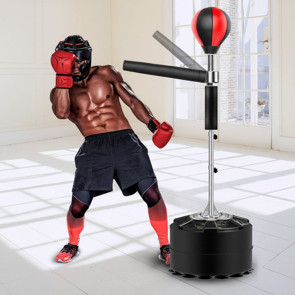 Person wearing boxing gloves and shorts with a punching bag in a room.