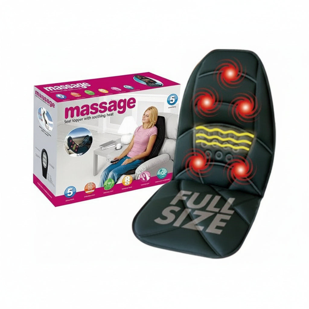 Massage seat cover with heating function and packaging on a white background