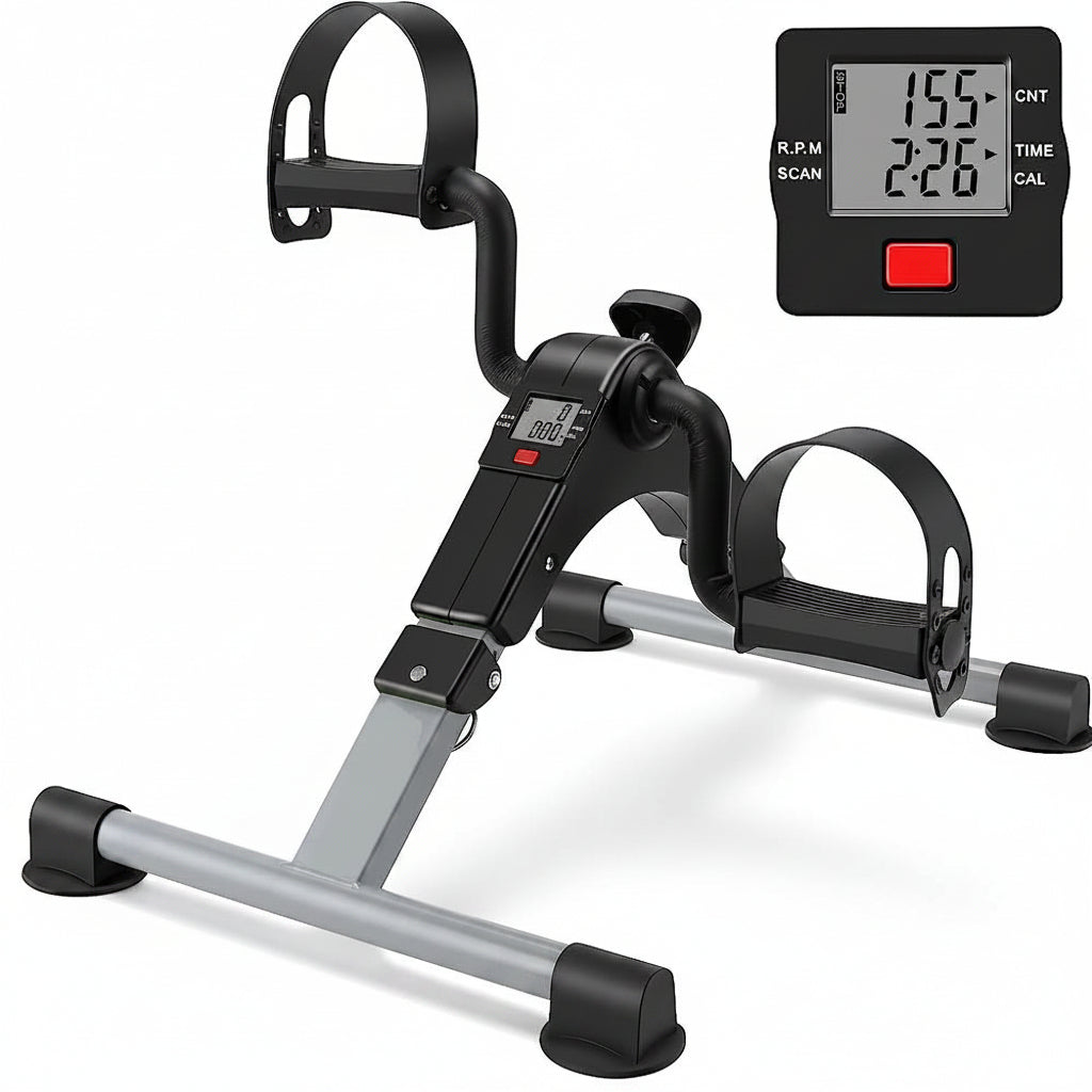 Mini exercise bike with digital display on a white background
