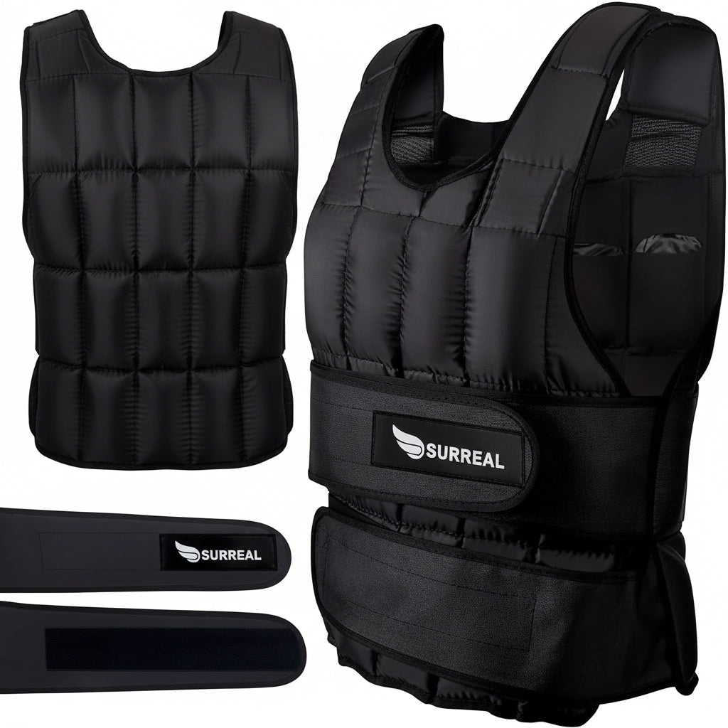 Black weight vest with Surreal branding on a black background