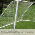 Soccer goal net on a grass field with text 'Flexible, lightweight and easy to assemble'.