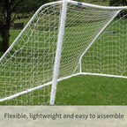 Soccer goal net on a grass field with text 'Flexible, lightweight and easy to assemble'.